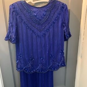 Vintage Royal Blue Beaded Skirt and Blouse Set
